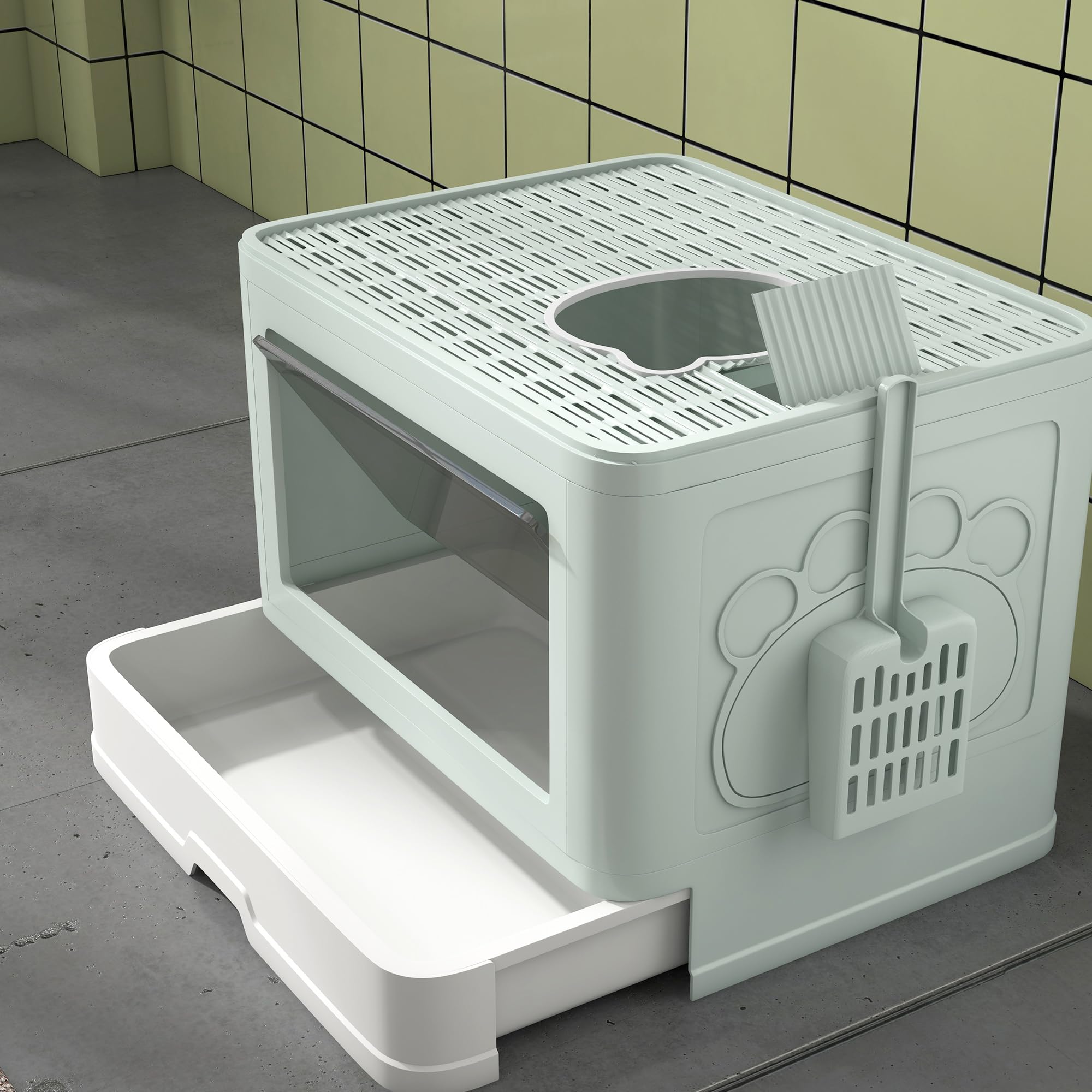 PawHut Lettiera per Gatti Chiusa con Coperchio Apertura Frontale Verde | Toilette per Gatti, Doppia Entrata Frontale e Superiore, Cassetto Estraibile, Paletta e Spazzola, Facile da Pulire