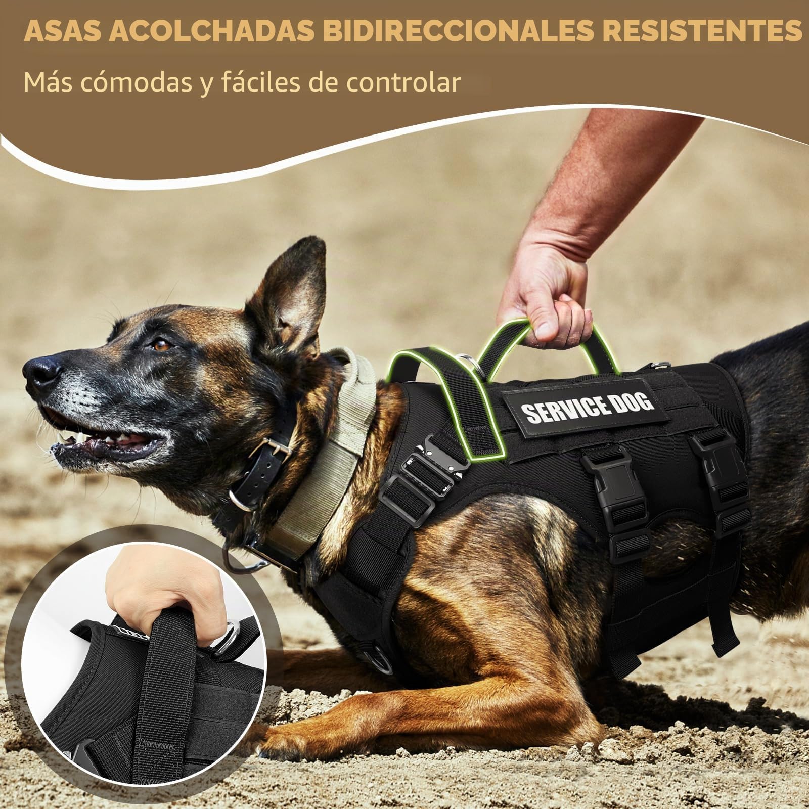 WINSEE Arnés para Perros de Servicio, Chaleco táctico MOLLE con 10 Parches para Mascotas, antitirones, Resistente, para adiestramiento y Paseos, Perros Grandes