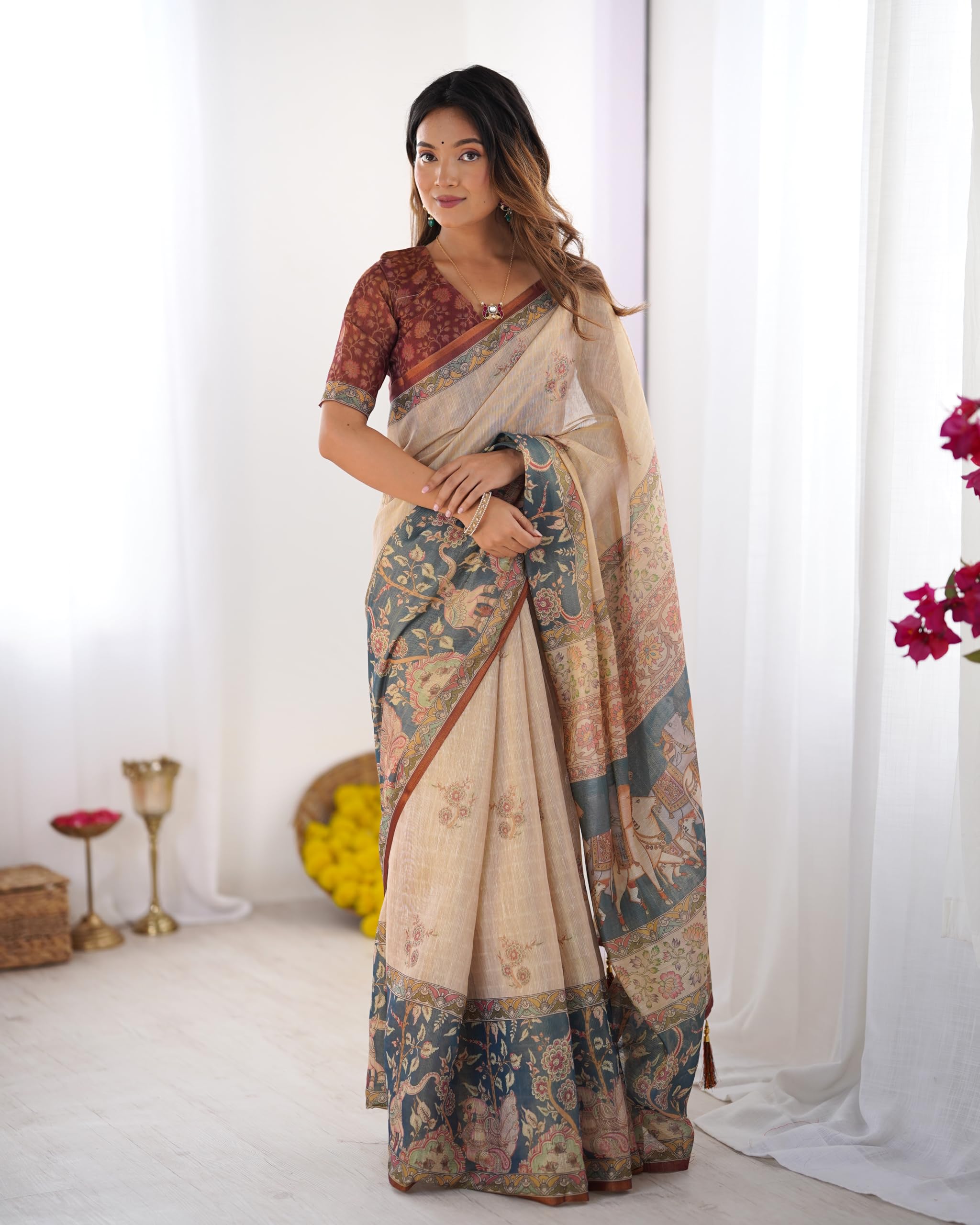 Elegant Linen Saree with All-Over Floral Print & Designer Border-picture-23