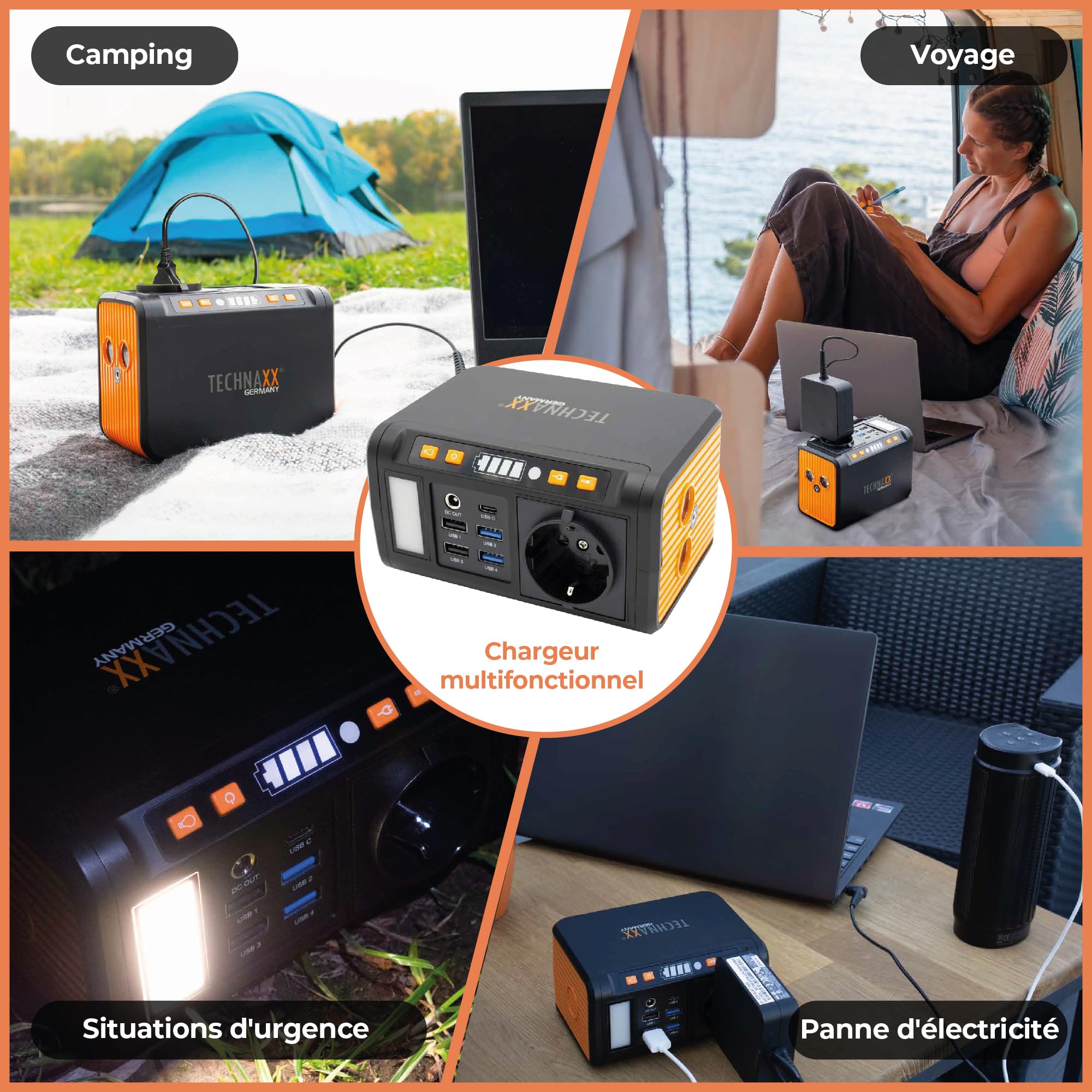 Technaxx Mini Station d'Énergie Portable 74Wh 80W avec Prise 230V, USB-C PD 18W, 4 ×USB-A QC3.0, Sortie DC, Lampe LED, Compatible Recharge Solaire, Générateur Camping – Modèle Mis à Jour 2026 TX-205+