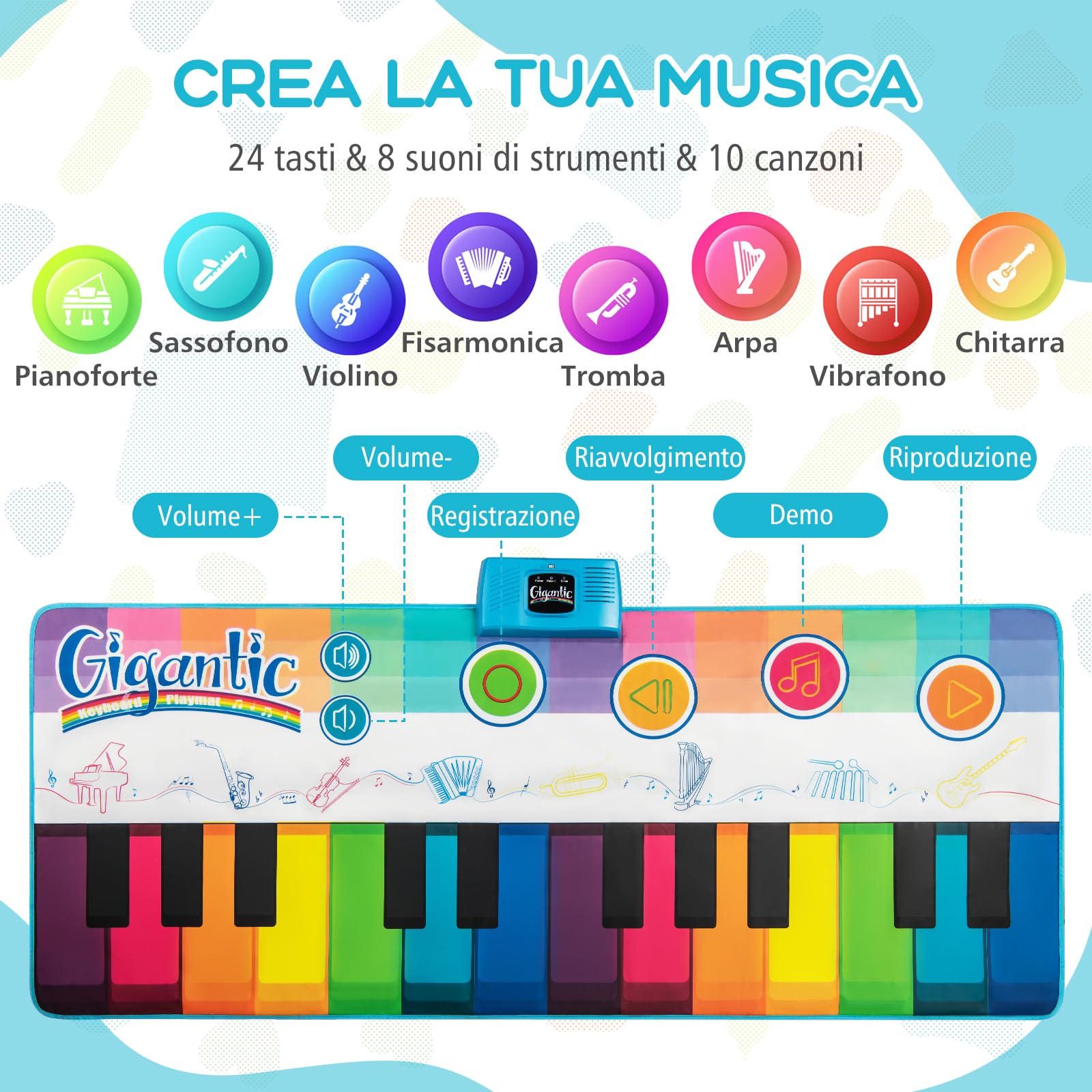 GYMAX Tappeto Pianoforte da 181 CM, Grande Tappeto da Ballo con Pianoforte a Tastiera con 24 Tasti, 8 Suoni di Strumenti, 10 Canzoni, Riproduzione e Volume Regolabile, per Bambini 3+ Anni