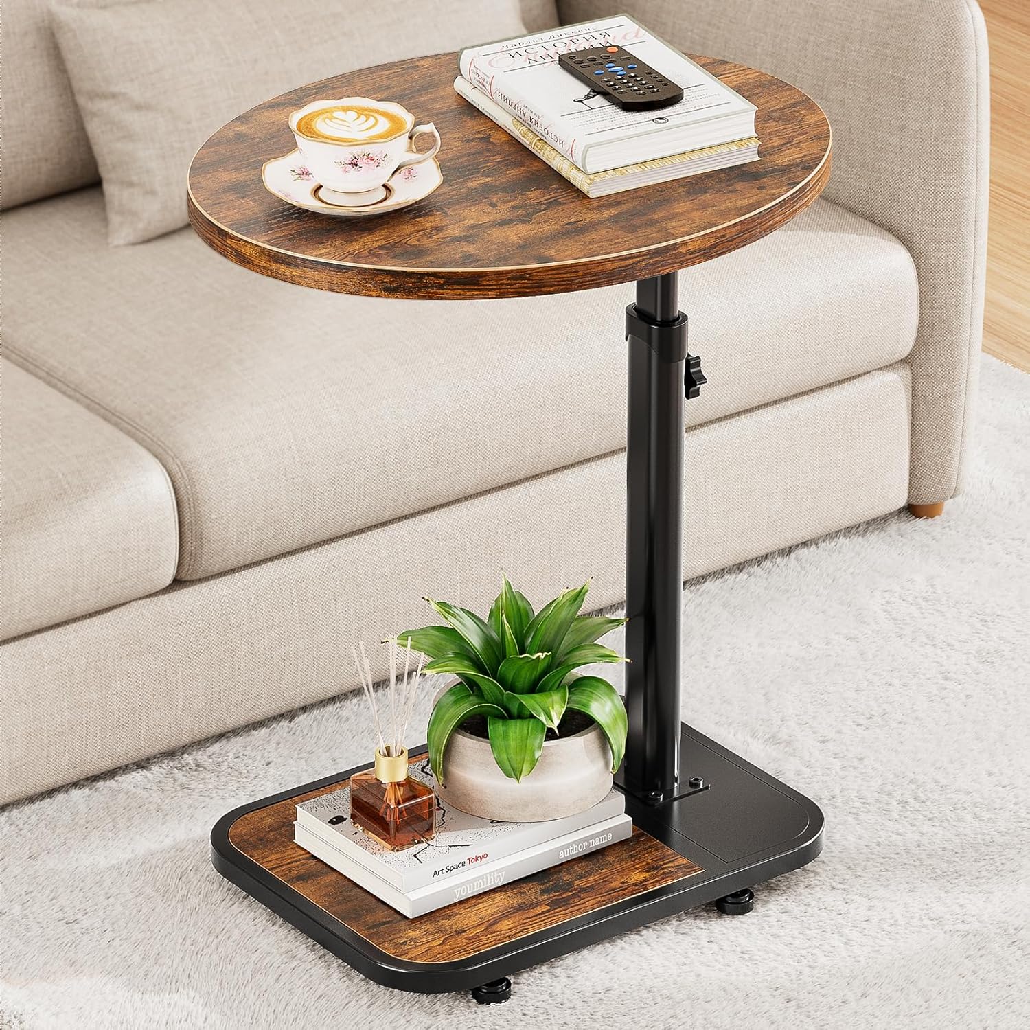 NEHAJUNXI C-Shaped TV Tray Table with Infinite Adjustable Height - Sofa Side End Table for Snacks, Laptop & Small Spaces (Brown)