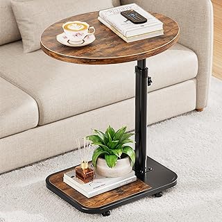 TV Tray Table with Infinite Adjustable Height - C-Shaped Sofa End Side Table for Snack Laptop Desk Small Spaces (Brown)