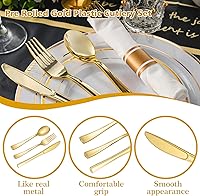 Vista 4 de N9R Juego de 75 cubiertos de plástico dorado preenrollados, juego de cubiertos de plástico envueltos con 75 tenedores, 75 cuchillos, 75 cucharas
