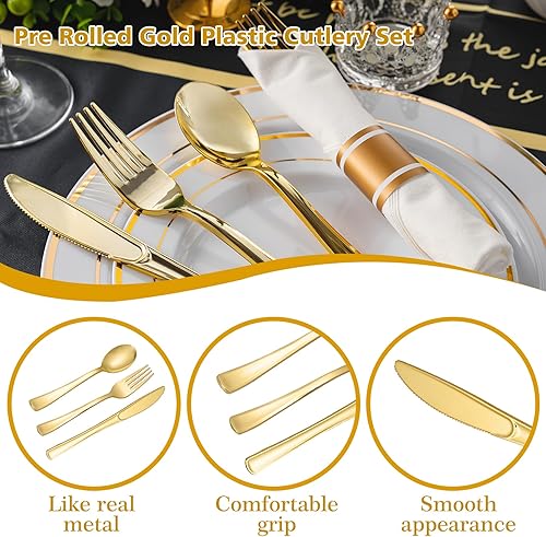 Miniatura 4 de N9R Juego de 75 cubiertos de plástico dorado preenrollado, juego de cubiertos de plástico envuelto con 75 tenedores, 75 cuchillos, 75 cucharas y 75