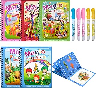 Kacunoki Water Magic Colouring Book 5Pcs Water Painting Books Reusable Water Colouring Books for Children Mess Free Magic Painting Books with Water Pens for 3 4 5 6 Year Old Kids Boys Girls, Style B