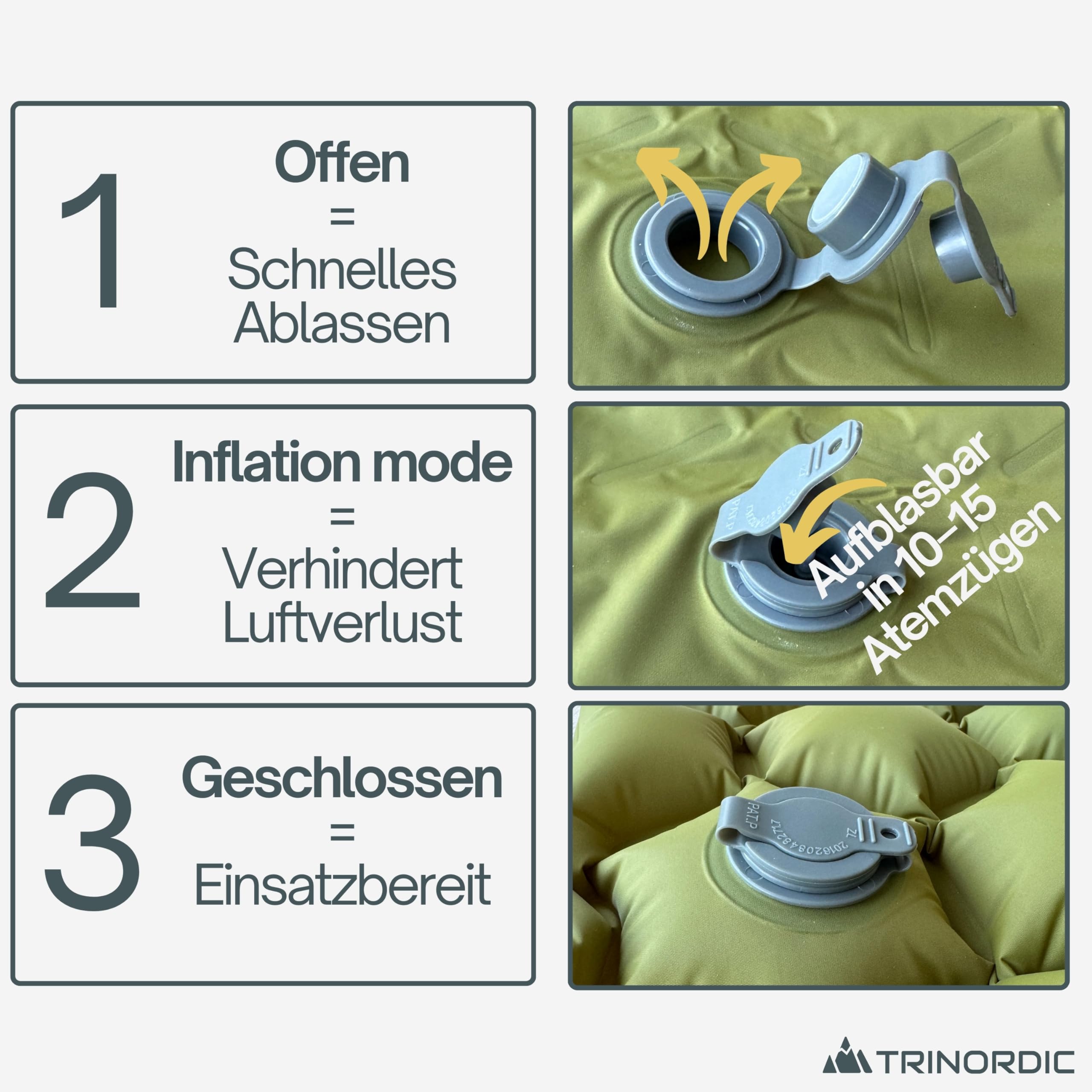 TRINORDIC 550g Ultraleichte Aufblasbare Isomatte - Mit Aufblasbarem Kissen - Camping Matratze mit Kleines Packmaß für Outdoor, Camping, Wandern & Bikepacking