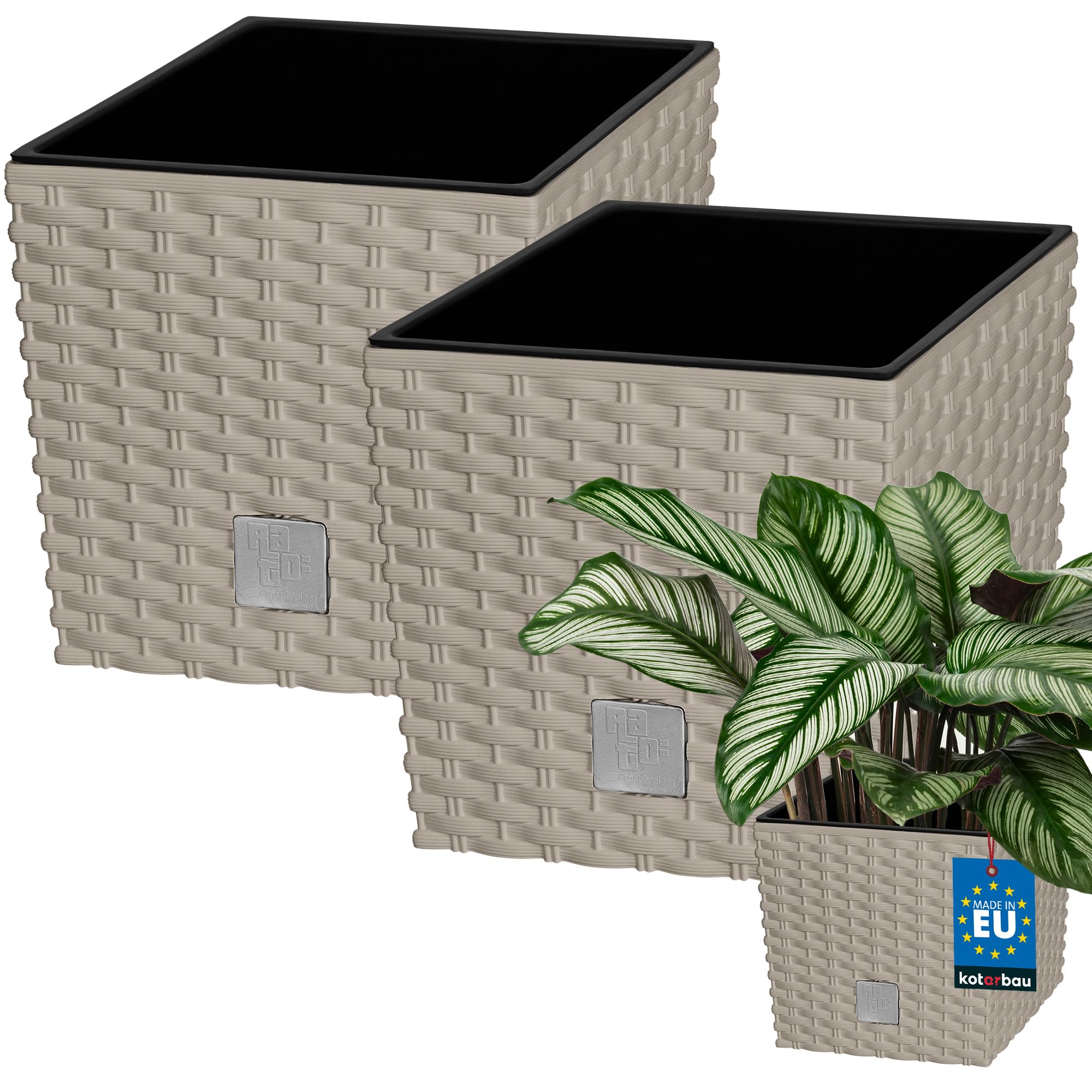 KOTARBAU® Set of 2 Flower Pots 9.8 L Height: 23 cm Mocha Plastic Plant Pot Planter with Inner Pot Flower Pot Set Like Rattan Plant Pot Indoor Outdoor