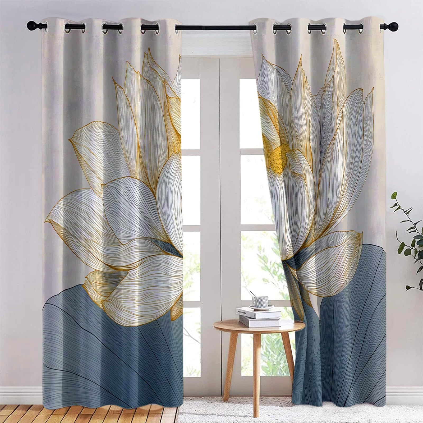 Generico Akwarela elegancka zasłona 91,5 l x 214 cm (2 panele) z oczkami, termiczne zasłony zaciemniające z izolacją termiczną w paski kwiatowe do pokoju i sypialni