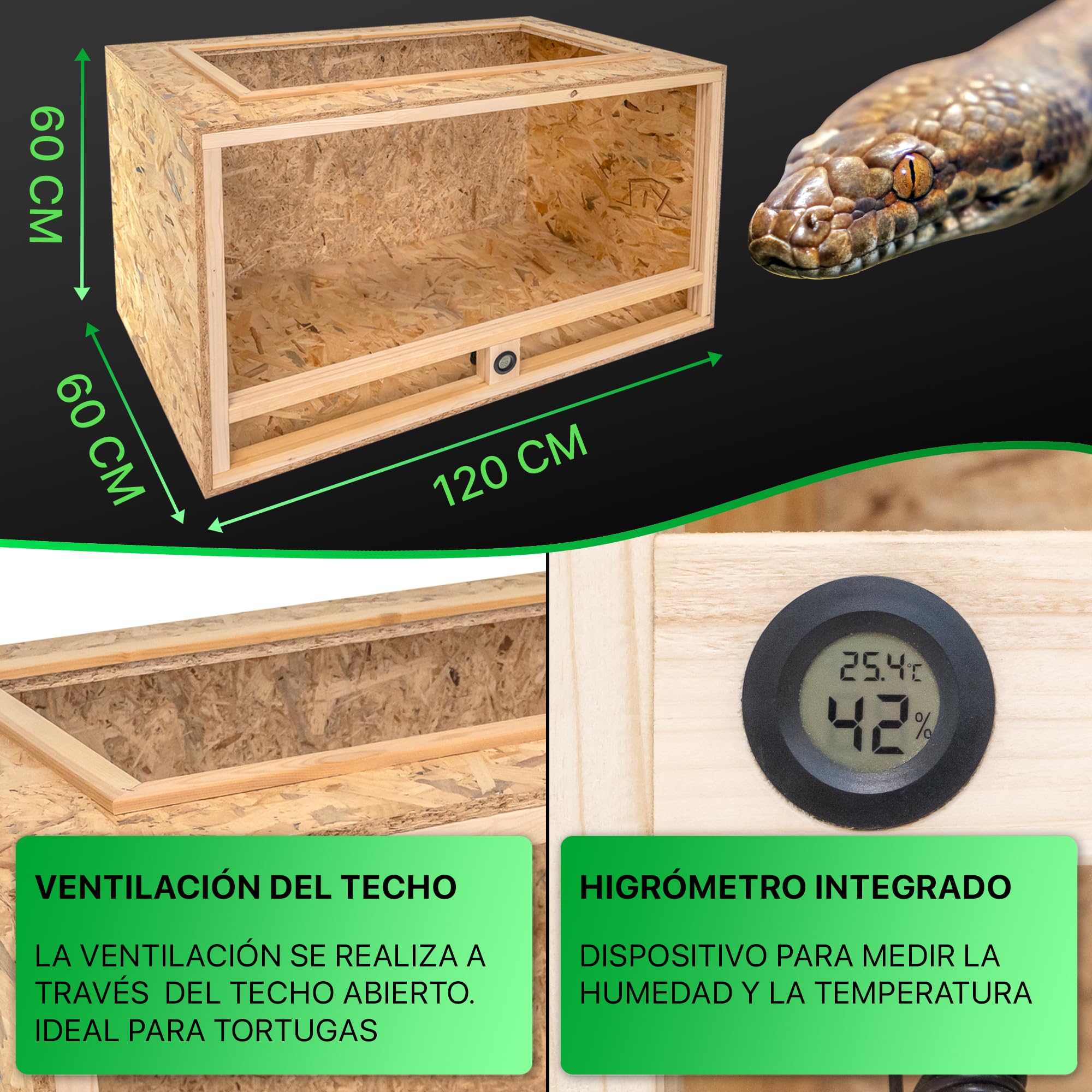 ITA Terrario para Tortugas 120x60x60 cm con Techo Abierto e higrómetro Integrado - Terrarios de OSB-3 - para Tortugas y Otros Animales - Producto UE
