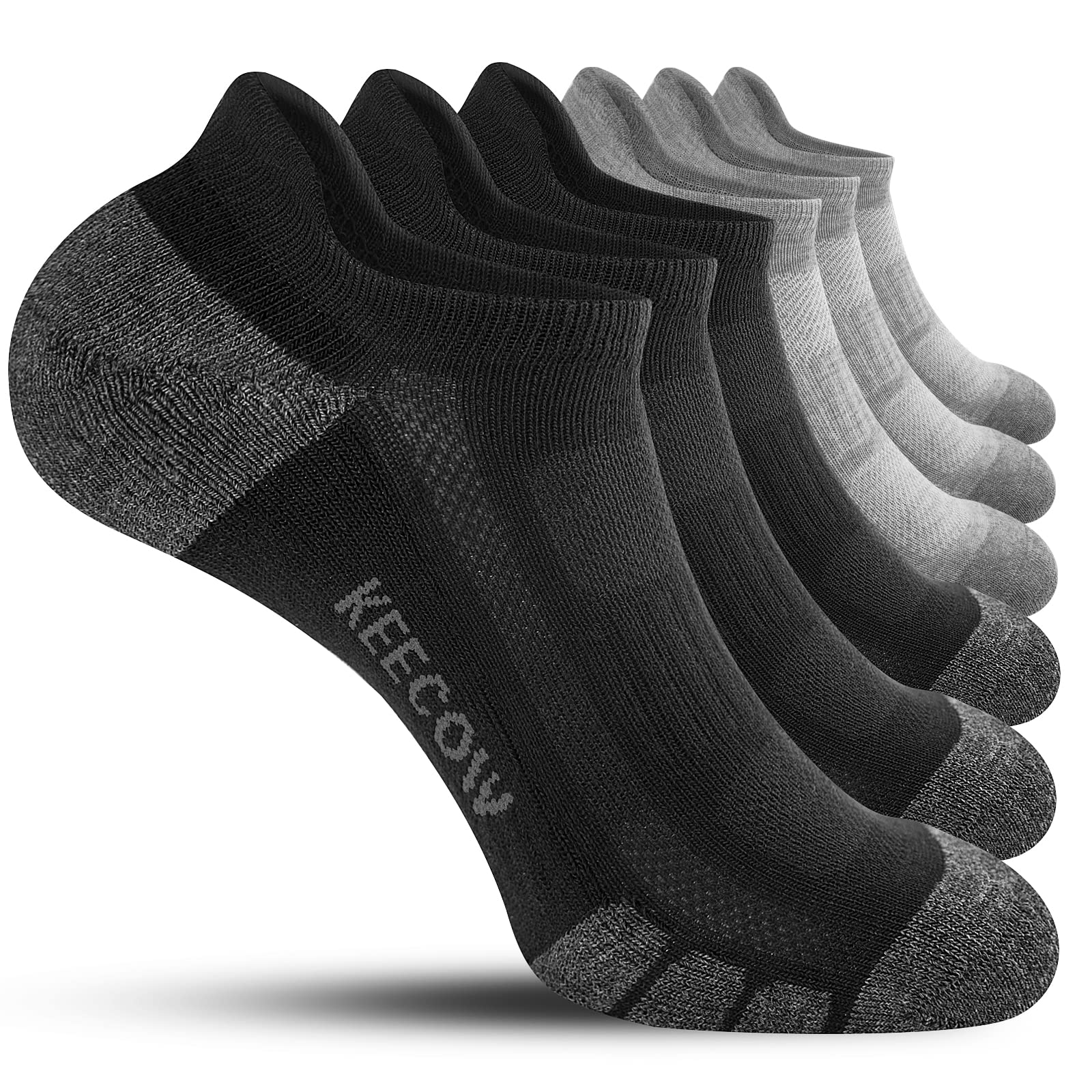 KEECOW Ankle Athletic Running Cushioned Socks for Men & Women No Show Low Cut Sports Cotton Tab Socks 6 Pairs, Black Grey, Large