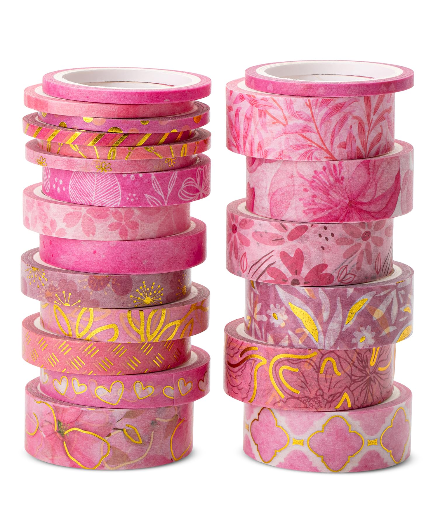 Washi Tape Set, 21 Rolls, Floral Pink, Decorative Tape with Measure Tape, Scrapbook Washi Tape for Journaling, Craft Tape, Valentine Decoration
