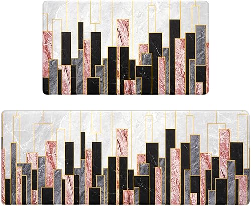 Likiyol Juego de 2 alfombras de cocina de mármol, color rosa y negro, antideslizantes, lavables, acolchadas, antifatiga, cómodas, para cocina,