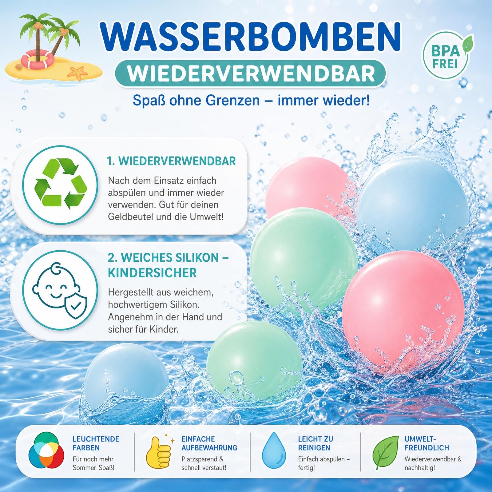 Bomba de Agua Reutilizable, 30 Piezas de Globos De Agua de Silicona, Llenado RáPido, Para La Fiesta de Verano, Lucha Contra El Agua, Piscina, Fiesta de JardíN, Playa
