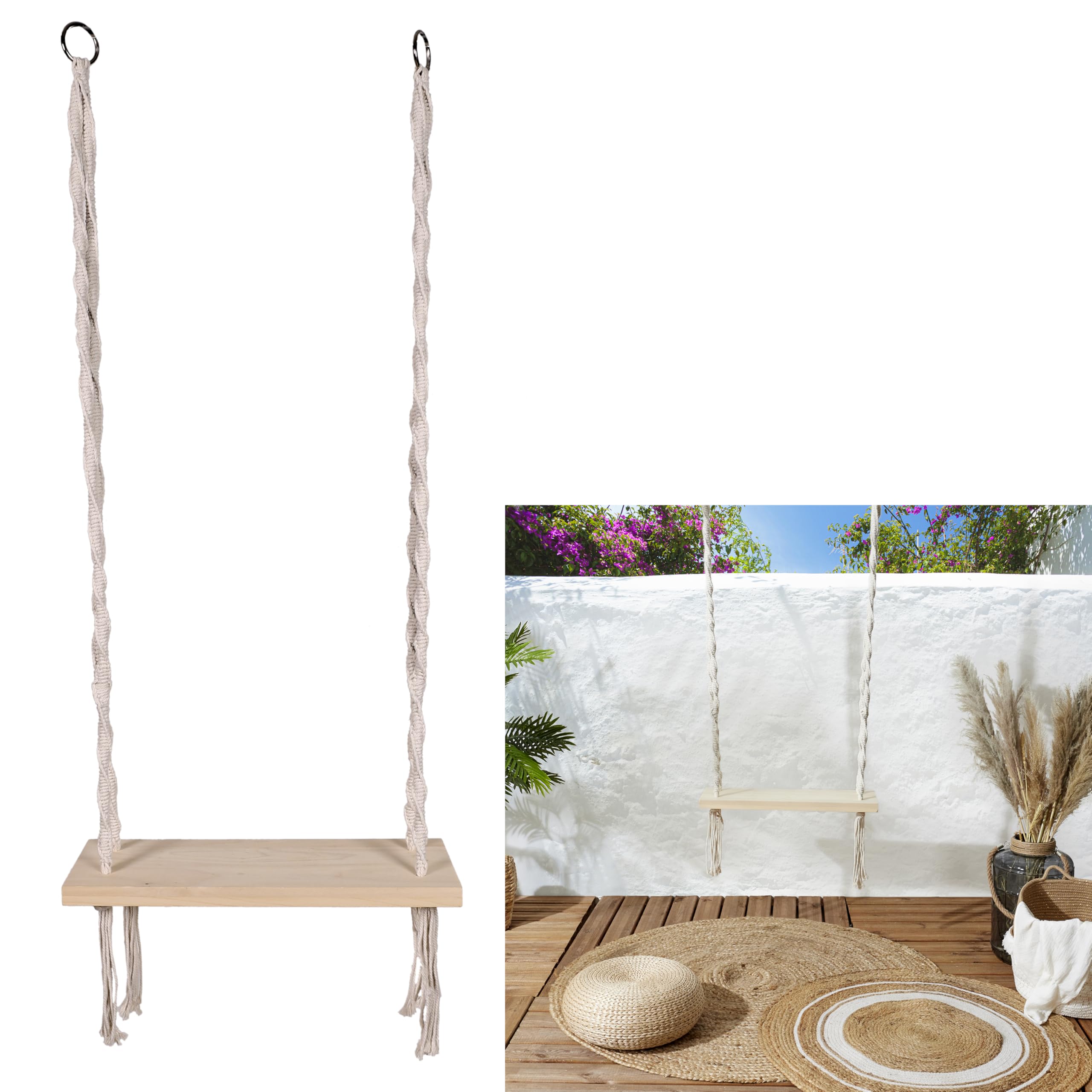 HOME DECO FACTORY, HDO0129, Altalena in legno macramè, sedia sospesa per esterni, mobili, mobili da giardino, seduta per esterni, 60 x 150 x 20 cm, Bianco