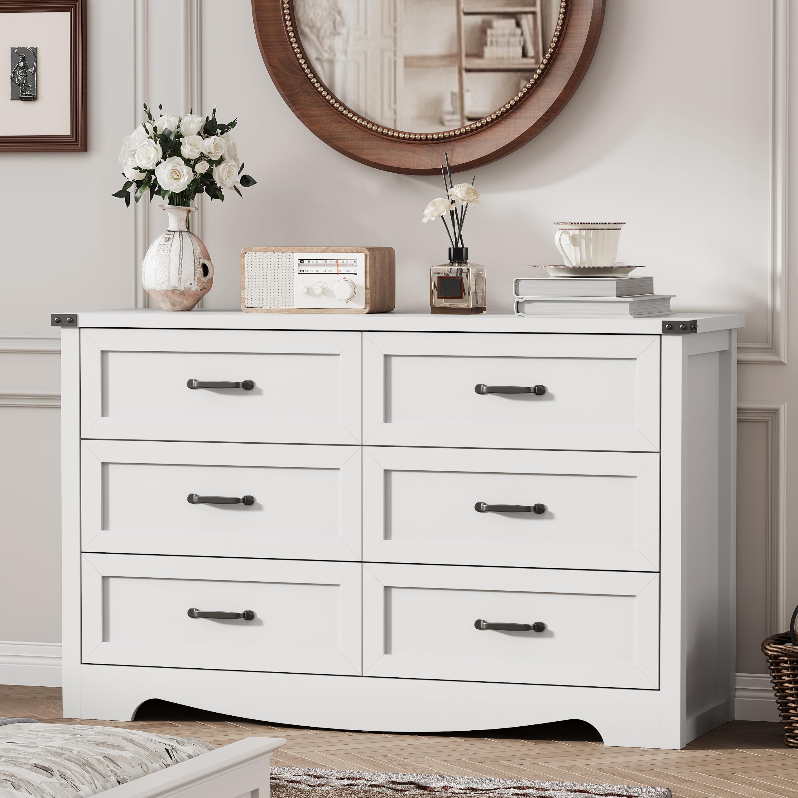Dresser for Bedroom with 6 Drawers, 48" Wide Modern Chest of Drawers with Deep Drawers &amp; Mental Handle, Wood Dresser TV Stand, Wooden Closet Storage Organizer for Living Room, Hallway, Entryway, White