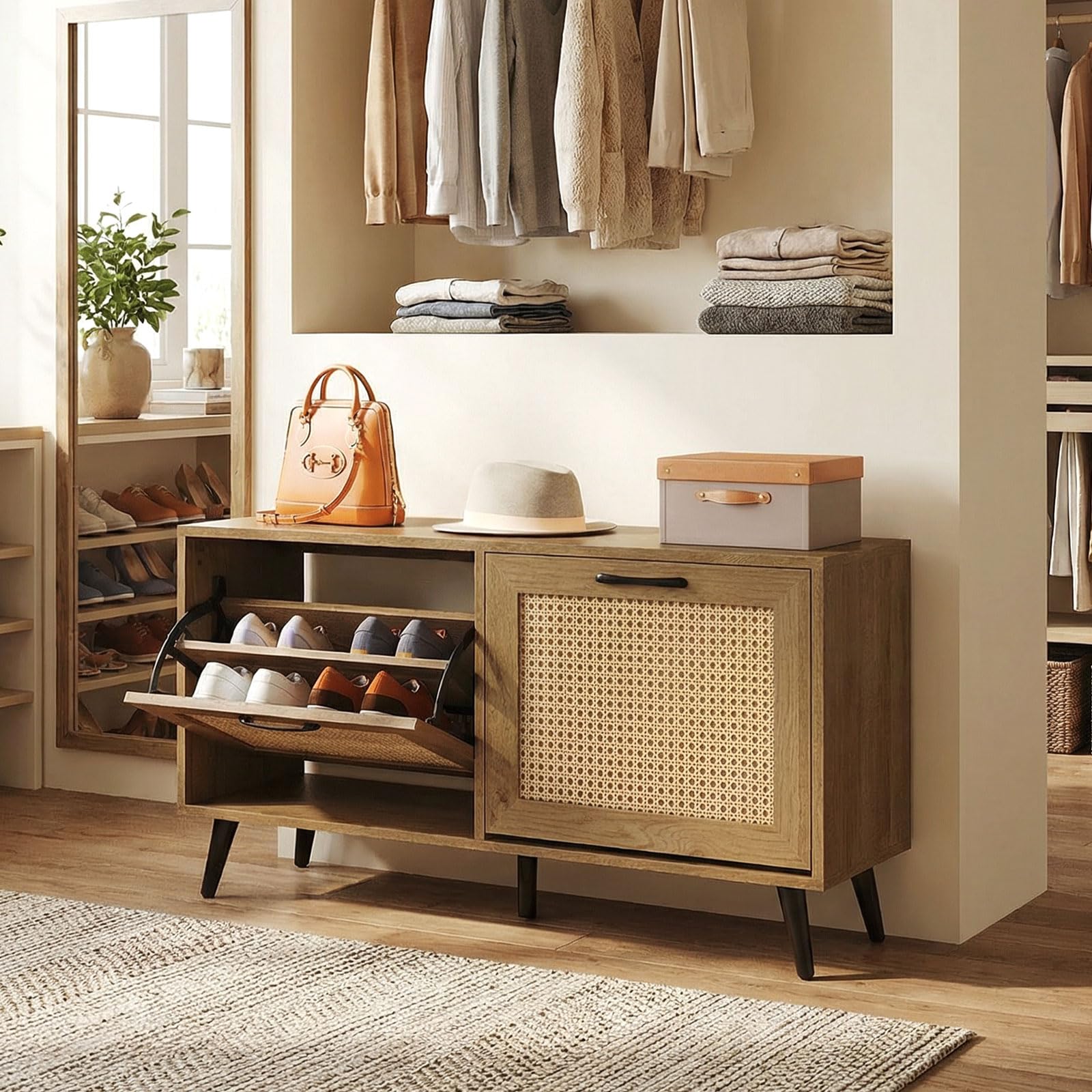 COSTWAY Armario Zapatero, Mueble Zapatero de Ratán con 2 Cajones Abatibles, Superficie Amplia, Estantes Ajustables y Patas de Metal, Entrada Pasillo Recibidor, 100 x 30 x 53 cm