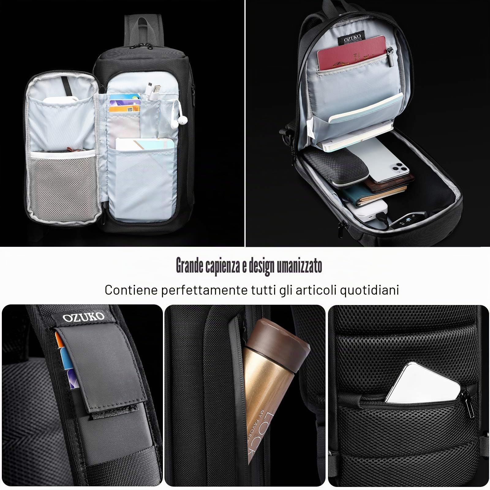 FANDARE Antifurto Zaino Monospalla Zaino Spalla con USB Grande Capacità Borsa a tracolla Uomo Donna Sling Bag Business Borsello a tracolla Borsa a Spalla per Trekking Ciclismo Viaggio Sports Durevole