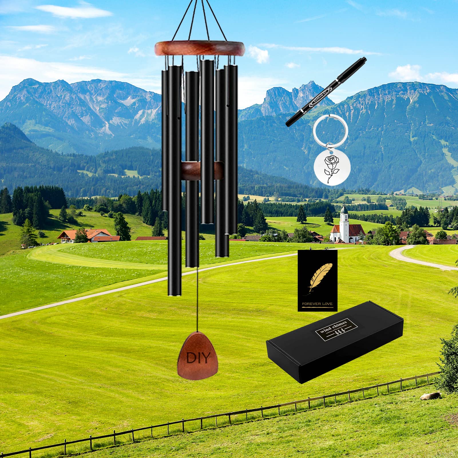 PEOUWNES Wind Chimes for Outside, Deep Tone Soothing Melodic Tones Wind Chimes, Sympathy Gift Home Decor Outdoor Garden Patio, Memorial Gift for Family & Relative(32" Black Aluminum Wind Chimes)
