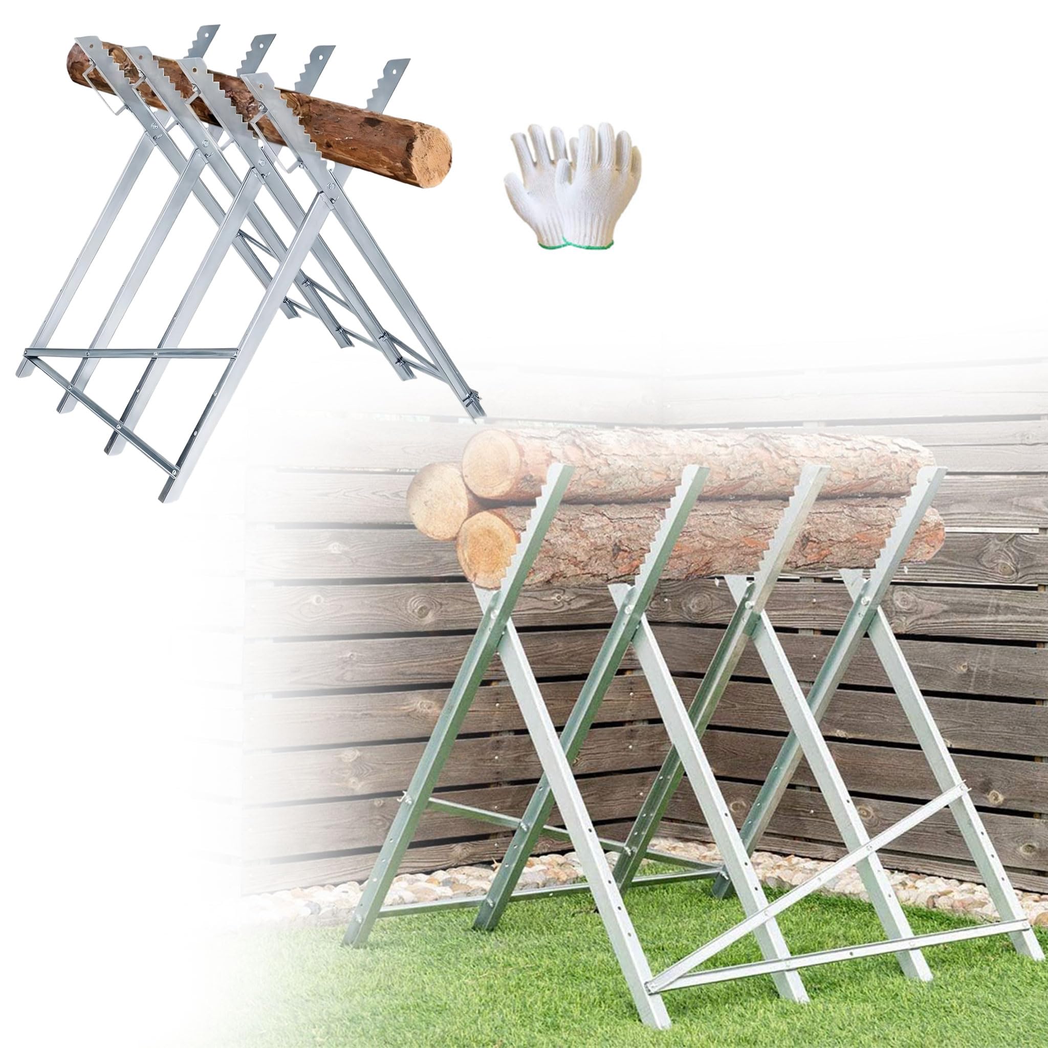 UISEBRT Chevalet de sciage pliable avec gant pour tronçonneuse, tréteau en métal, 82 x 80,5 x 79 cm, cadre en acier, charge maximale : 150 kg, pour bois de chauffage et travail du bois