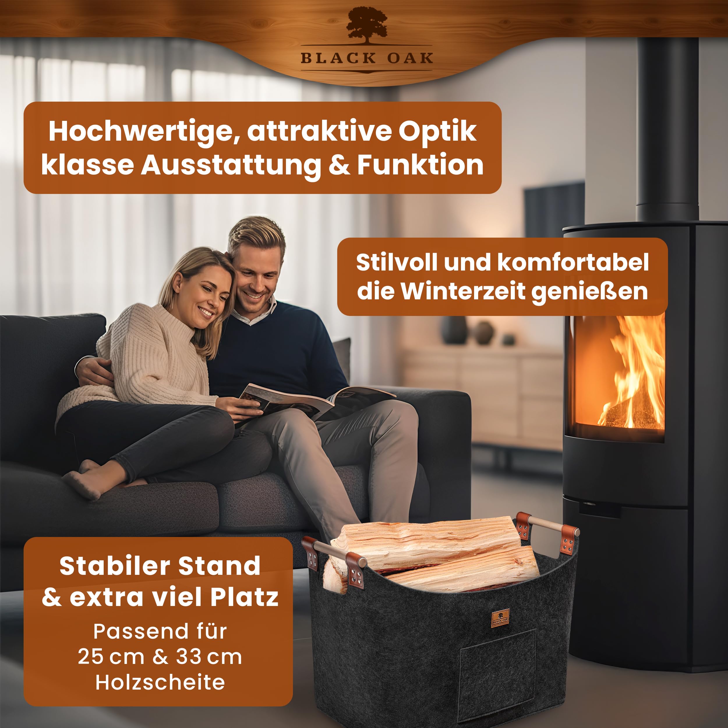 BLACK OAK Montana XXL Viltmand & houten mand voor haardhout, applicatie van echt leer, brede handgrepen voorvak extra groot, vilten tas, mand voor hout, opvouwbaar, transport en opslag, grijs