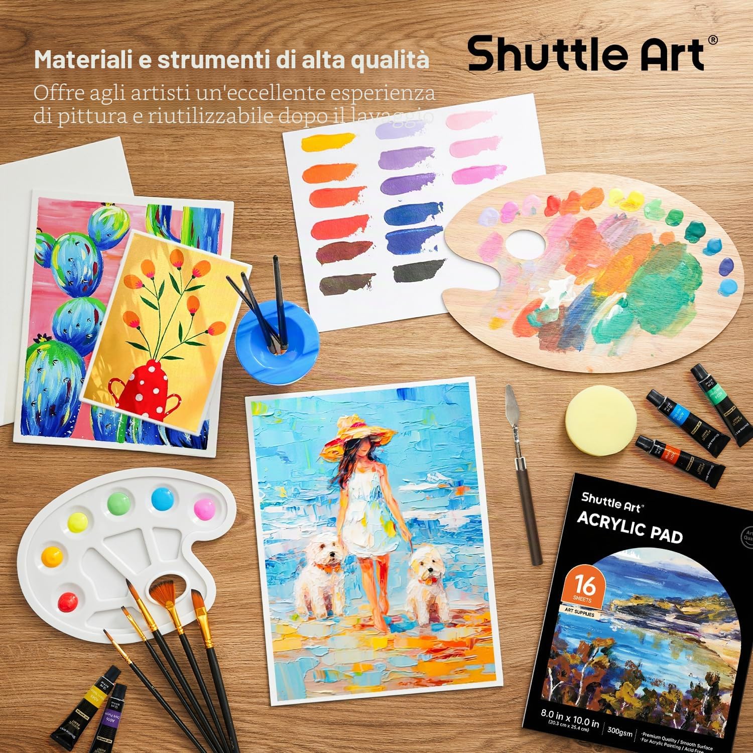 Shuttle Art Assortimento di pittura acrilica, 59 impacchettare articoli di pittura professionale con pannelli di legno Easel, 30 Colori Acrilici, tela, spazzole, tavolozza, Kit per adulti