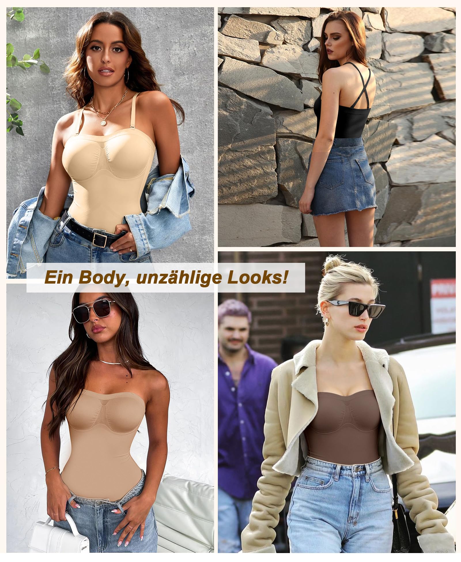 Werena Shapewear Damen Body Bauchweg Trägerlos – Nahtloser Miederbody Stark Formend, Figurformender Body Shaper Slip, Shaping Bodysuit mit 2 Paar Abnehmbaren Trägern