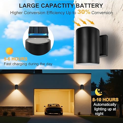 Miniatura 4 de pearlstar Luces solares para exteriores, paquete de 2 luces de pared arriba y abajo, luces solares para vallas, luz exterior impermeable IP65 para