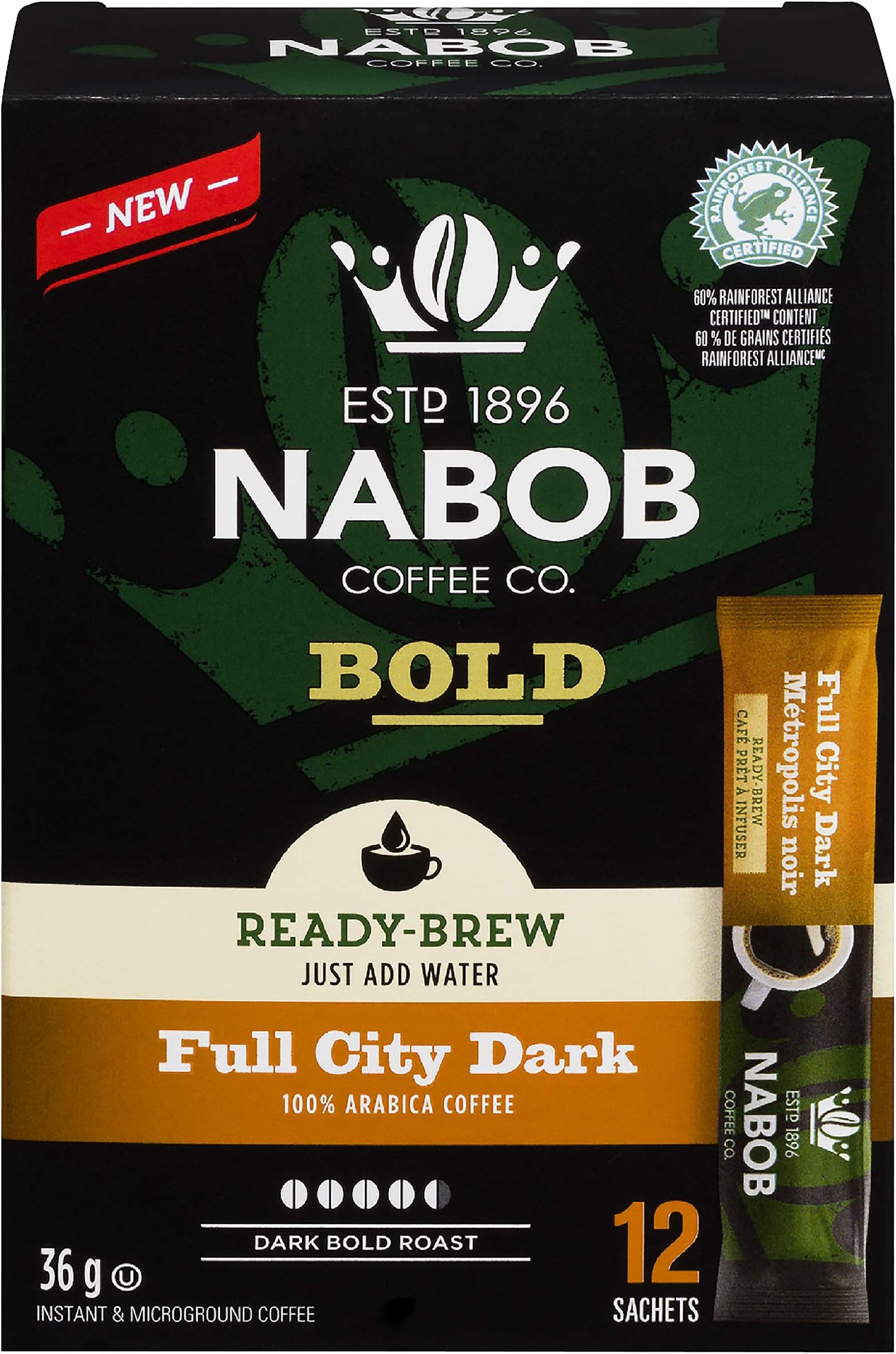 Nabob Full City Dark Ready-Brew Coffee, 12 Sachets, 36g/1.3oz.,{Imported from Canada}