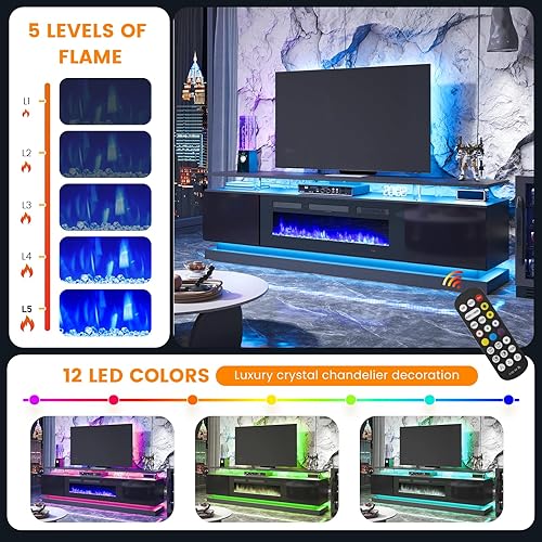 Miniatura 9 de Juego de Mesa Moderna de 4 Piezas para Sala de Estar, Incluye Soporte de TV para Chimenea de Alto Brillo de 70", Mesa de Centro LED y Juego de 2