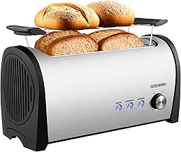 Steinborg Toaster 4 Slices with Bun Attachment XXL Long Slot Toaster Stainless Steel Blue LED Lighting Toast Machine Automatic Shut-Off Double Slot Toaster Family Toaster Toaster Toaster