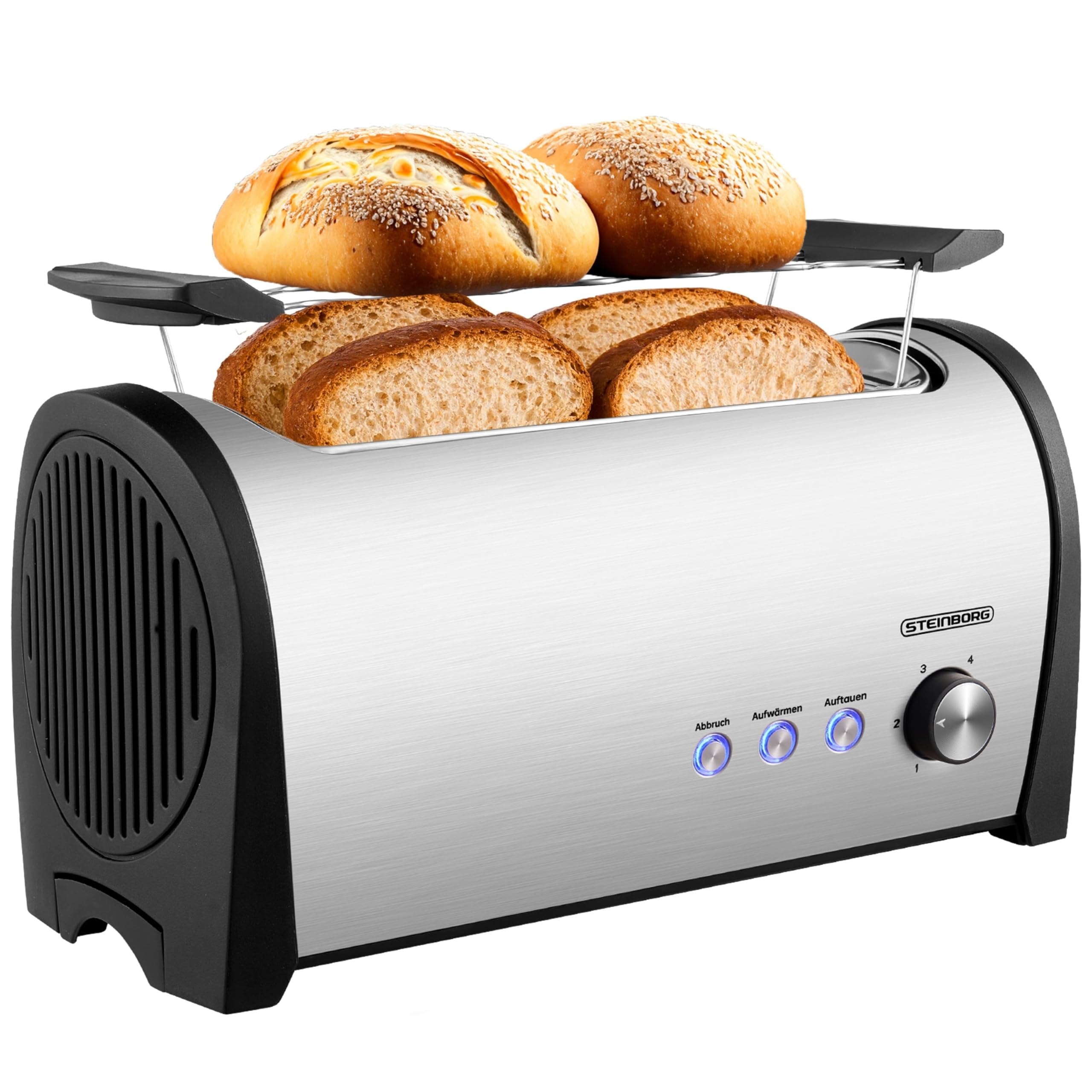 Steinborg Tostapane a 4 fette con inserto per panino, XXL, in acciaio inox, blu, illuminazione a LED, spegnimento automatico, tostapane doppio, tostapane per famiglie