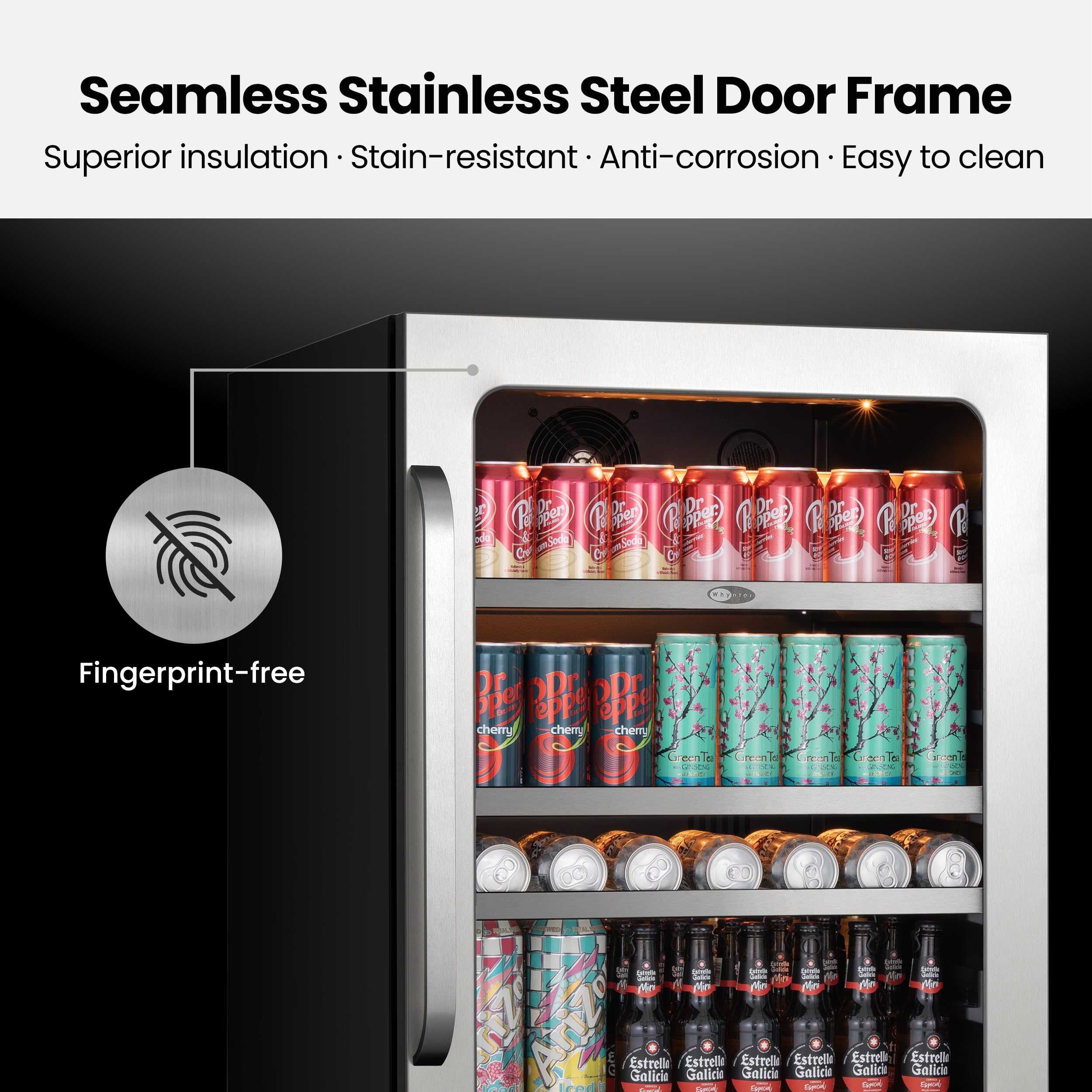 Whynter Beverage Refrigerator 24 Inch Drink Fridge With Glass Door Beverage Cooler 140 Cans Under Counter Beverage Fridge Freestanding 3 LED 34-54°F For Beer Home Bar Premium Series 5.65 Cu.Ft on Fridge.com - View 2