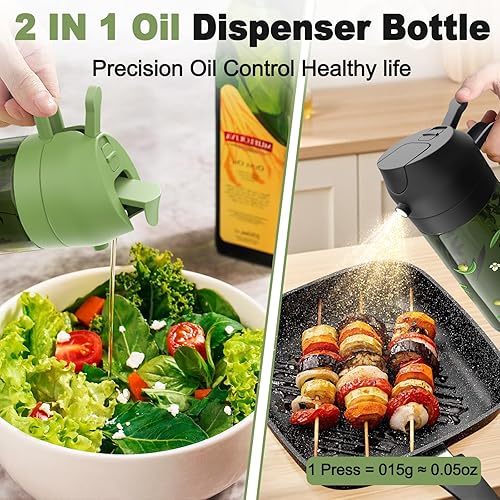 Miniatura 2 de COOLMI Rociador de aceite de 16 onzas líquidas para cocinar, botella dispensadora de aceite de oliva de vidrio de grado alimenticio 2 en 1 para