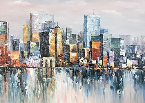 Miniatura 6 de Bouvy Arte, 30 x 60 pulgadas, pintura al óleo colorida pintada a mano del horizonte de Nueva York, paisaje urbano, arte de pared moderno abstracto