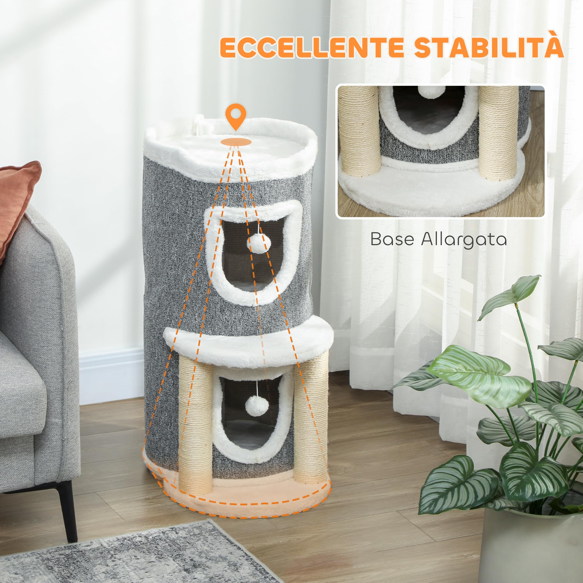 PawHut Albero Tiragraffi per Gatti Alto 76 cm Torre a Cilindro Grigio | per Gattini, con Casette, Lettino Superiore, Palline, Pali in Sisal