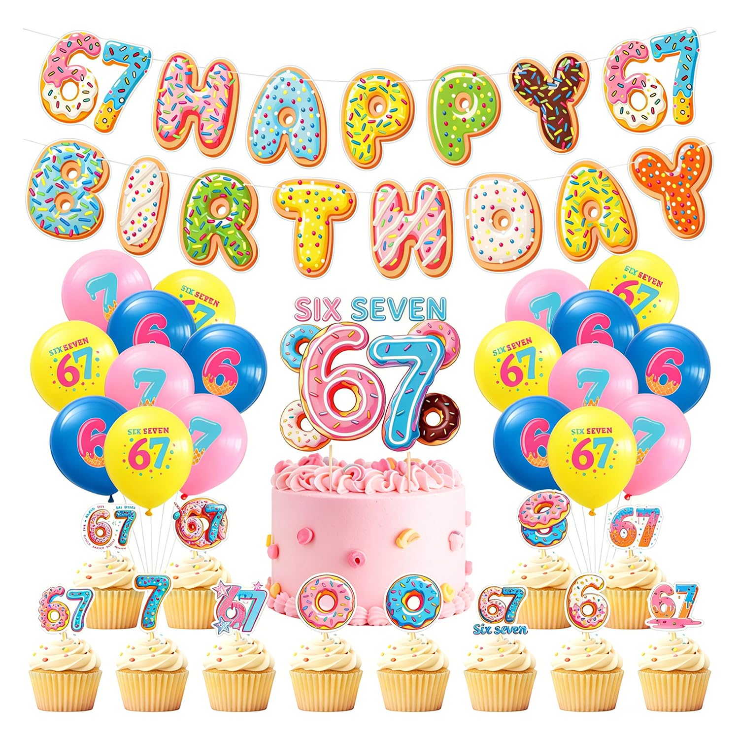 67 Birthday Party Decorations Set, Colorful Donut Happy Birthday Banner, Latex Balloons, Cupcake Toppers, Cake Topper, Complete Party Supplies for Women, Girls and Kids — image 1