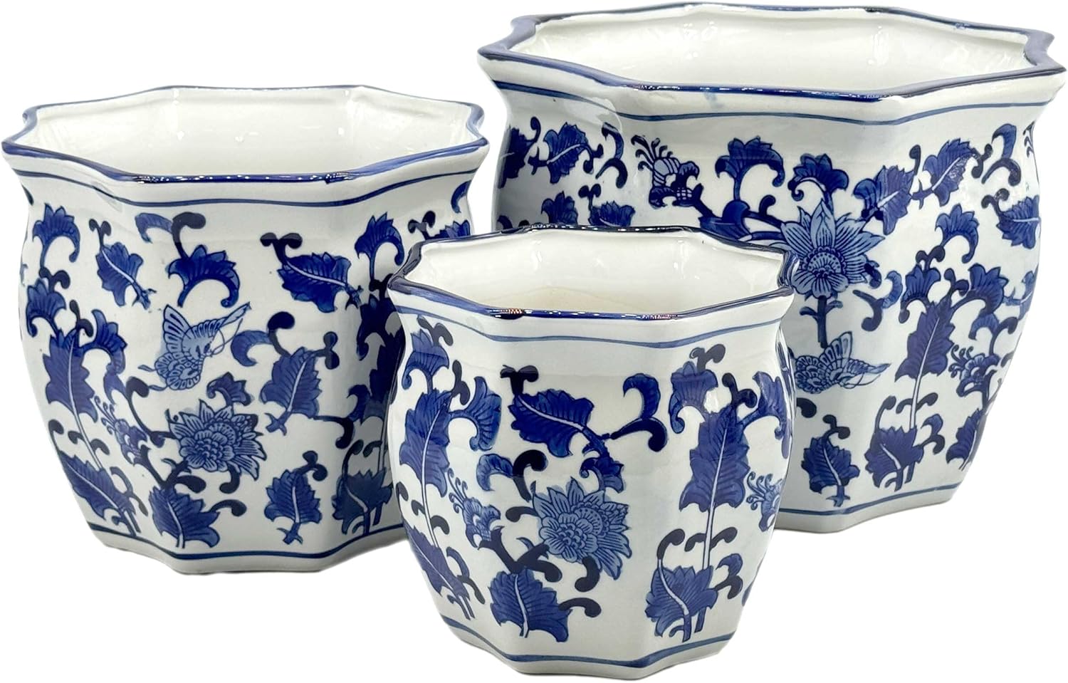 Galt International Blue & White Round Fluted Floral Porcelain Ceramic Plant Flower Planter Pot Set of 3 (7.5, 10, 13) Garden Pots Chinese Asian Design