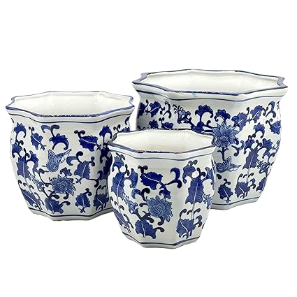 Galt International Blue & White Round Fluted Floral Porcelain Ceramic Plant Flower Planter Pot Set of 3 (7.5