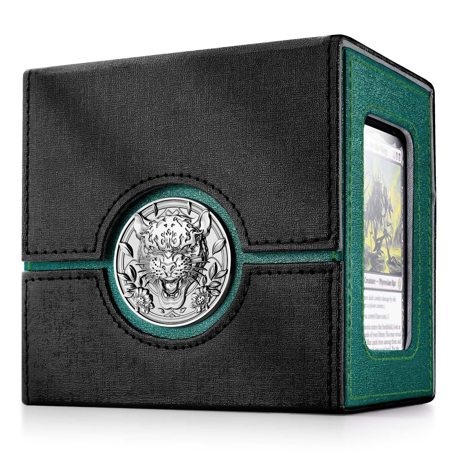 Kabinka Commander Deck Box for MTG with Metal Emblem, Card Deck Box with Dice Tray, Holds 100 Double-Sleeved Cards for PTCG, Cards Storage Case with 35PT Magnetic Card Holder (Black& Green, Leopard)