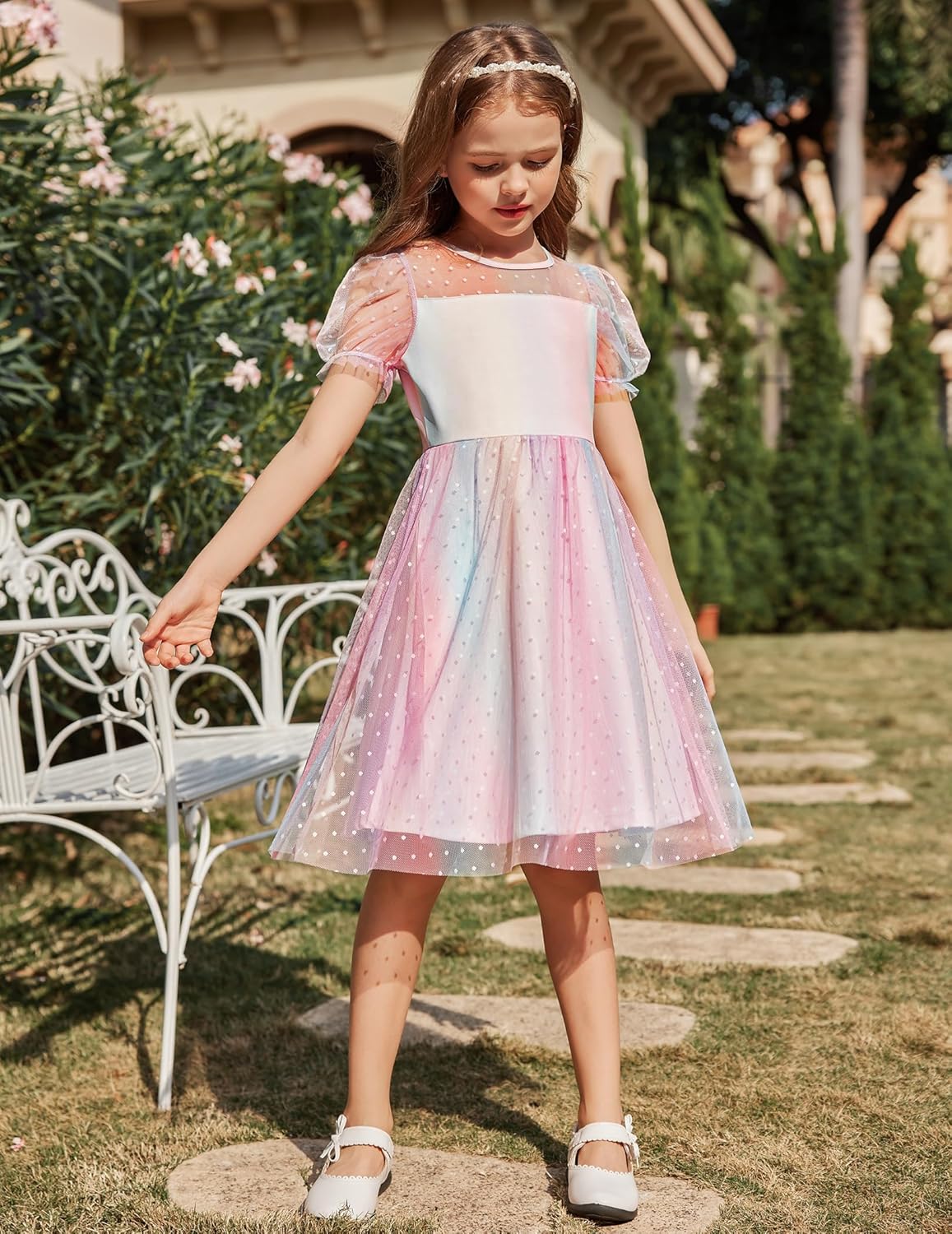 Arshiner Girls Dress Contrast Mesh Puffy Short Sleeve A Line Casual Party Dress 3-12 Years - Image 6