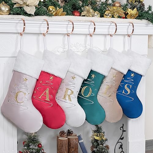 Miniatura 10 de GEX Medias de Navidad con monograma personalizadas, con inicial, bordado familiar, satén de seda con piel sintética suave, adornos para árbol de