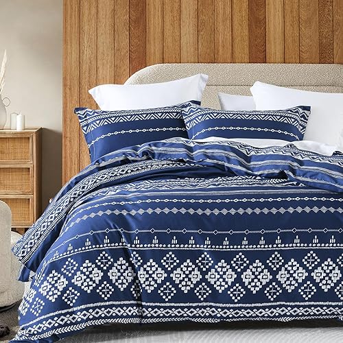 Miniatura 8 de Y-PLWOMEN Funda de edredón estilo bohemio tamaño King, 3 piezas, 100% algodón, color naranja quemado, azteca King, 400 hilos, transpirable y suave,