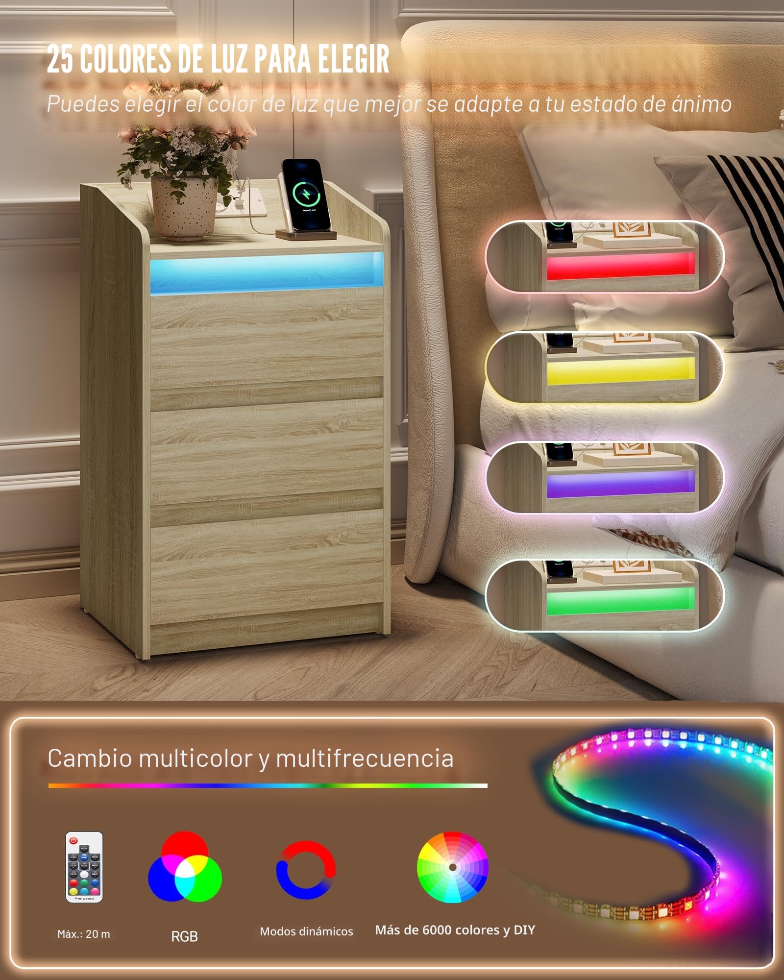 Hzuaneri Mesilla de Noche de 2 con 3 Cajones, Mesa Auxiliar con Estación de Carga y LED, 2 Tomas CA y 2 Puertos USB para Dormitorio, Salón, Color Roble NS40116X