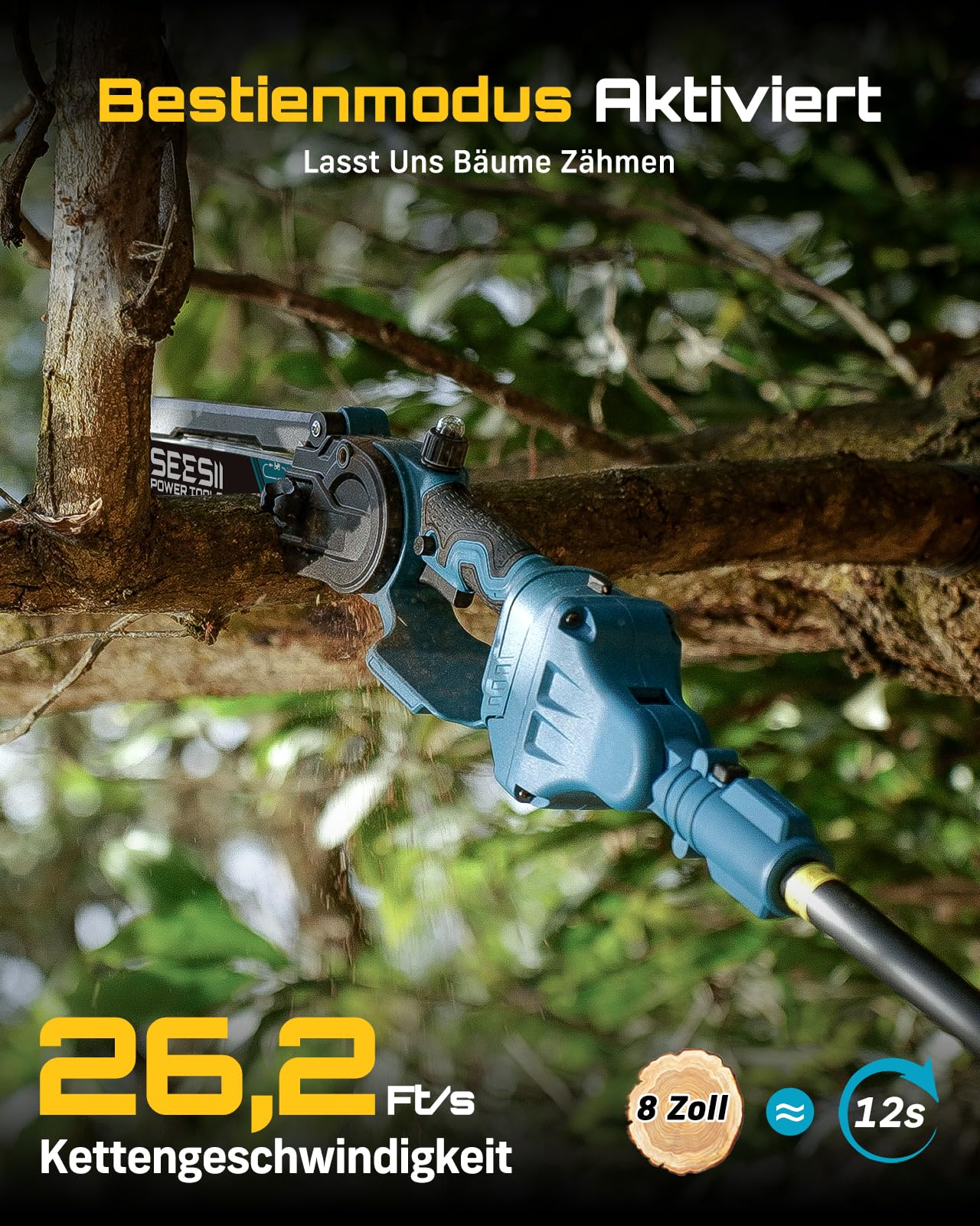 SEESII 2-in-1 8 Zoll Akku Astsäge & Mini Kettensäge mit 2×4000mAh Akkus | Bürstenlose Kettensäge mit Teleskopstange, Ausziehbar bis 4,5m für Baumschnitt, Astschnitt und Gartenpflege