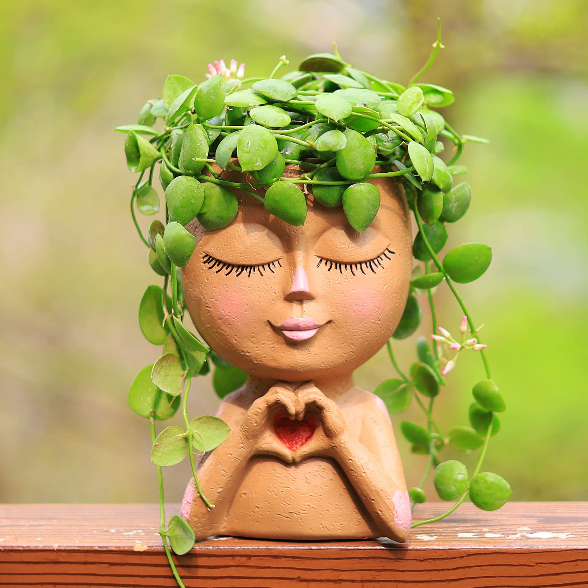 SnugMaker Face Planter Pots Head Planter Women Face Flower Pot Head Planter for Indoor Outdoor Plants with Drainage Hole Love Style (Brown)