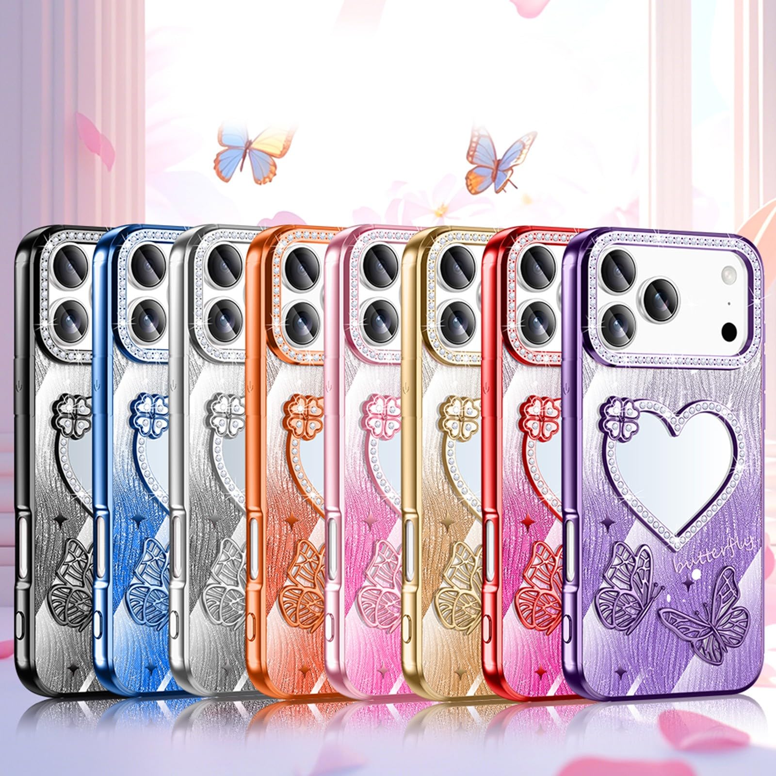 Compatible con iPhone 15 (color: plateado) con diseño de mariposa y espejo elegante de silicona dura para niñas y mujeres