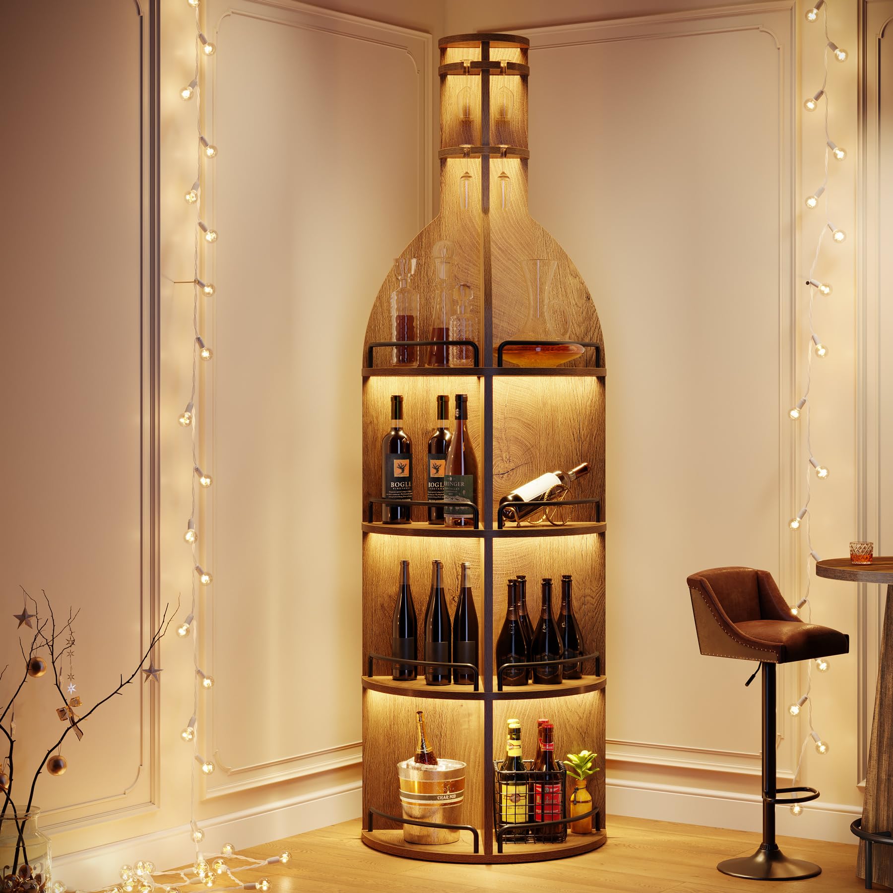 Tribesigns Étagère à Vin avec Tablettes de Rangement, 190 cm Casier à Vin Industriel Rond avec Porte-verres Suspendu, Présentoir à Bouteilles Autoportant pour Salon, Cave, Marron (Sans Éclairage, 1PC)