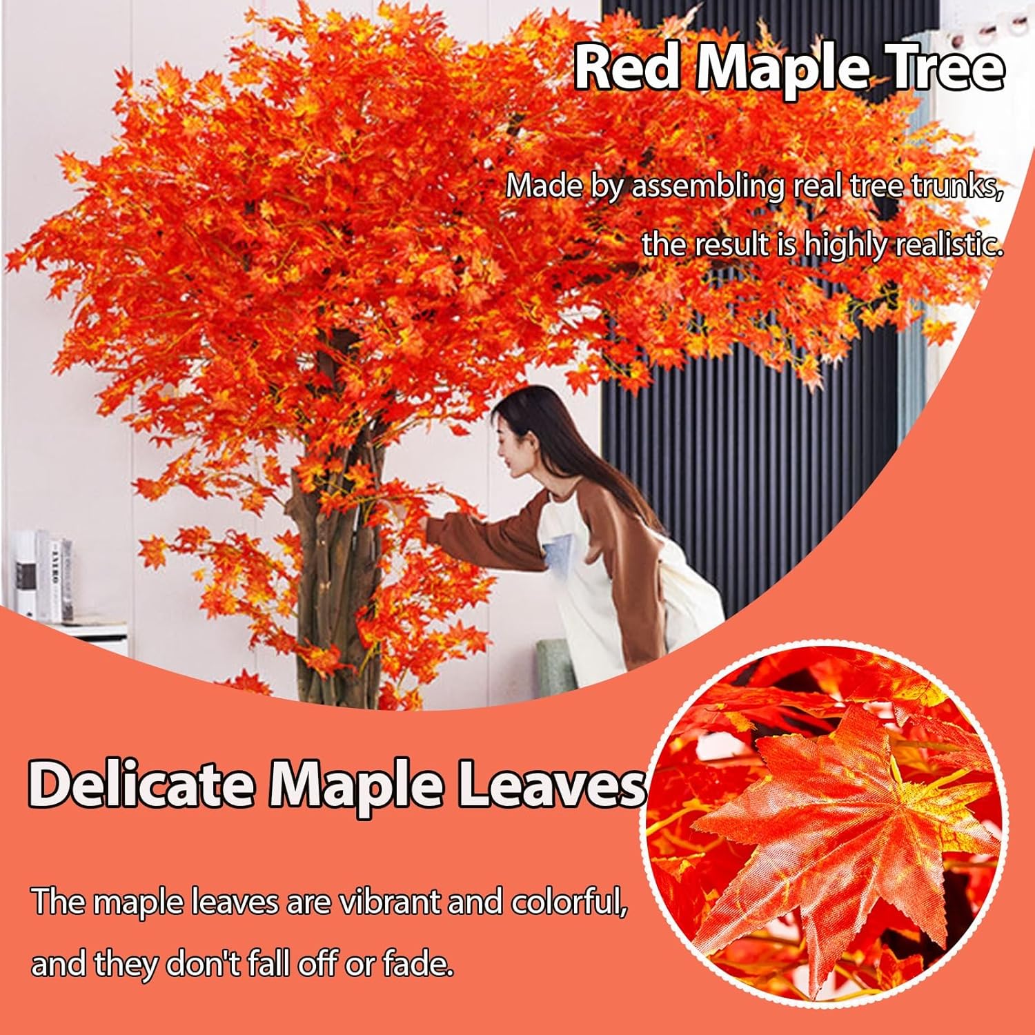 Large Artificial Red Maple Tree,Realistic Large Japanese Red Maple Artificial Tree,with Distinct Veins, Solid Wood Trunk,for Home Office Garden Decor Indoor Outdoor.(118.1X98.4in)