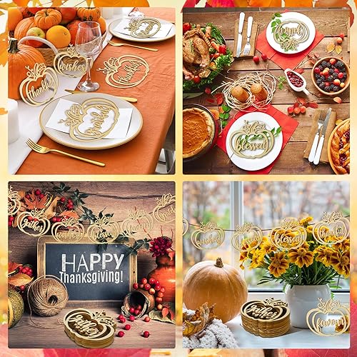 Miniatura 6 de 48 piezas de decoración de platos de otoño de Acción de Gracias, recortes de madera de calabaza, decoración de mesa de Acción de Gracias, placa de